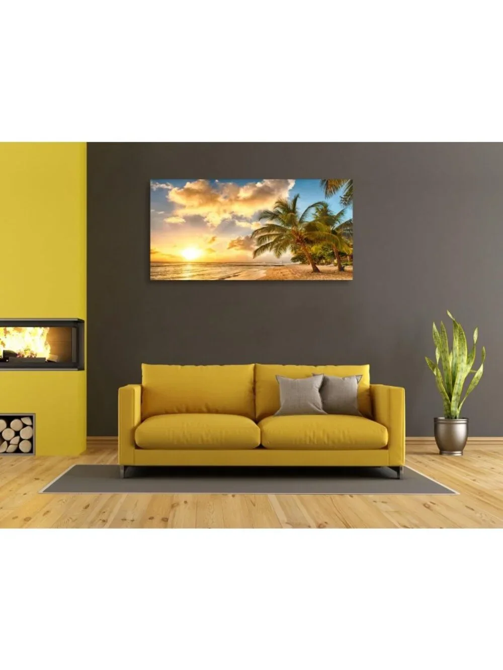 Golden Ocean Beach Canvas Art - Sunset Palm Tree Landscape Print, Ready to Hang